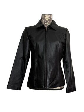 Y2K Worthington Black Genuine Leather Collared Zip Front Jacket Womens Petite SM